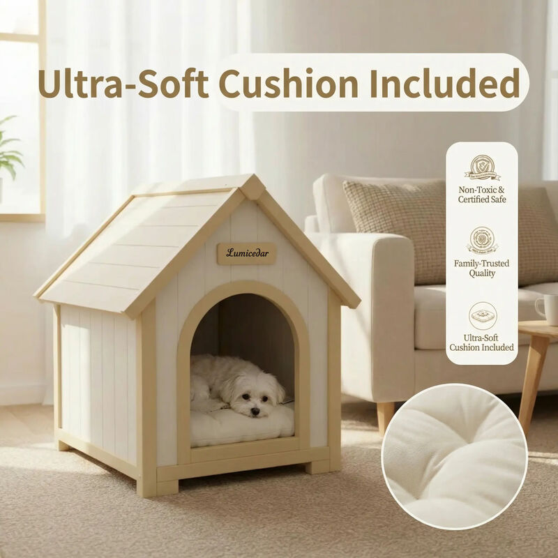 Solid Cedar Pet House, Cream Yellow Cabin Style Indoor Shelter for Small Dogs & Cats image number 6