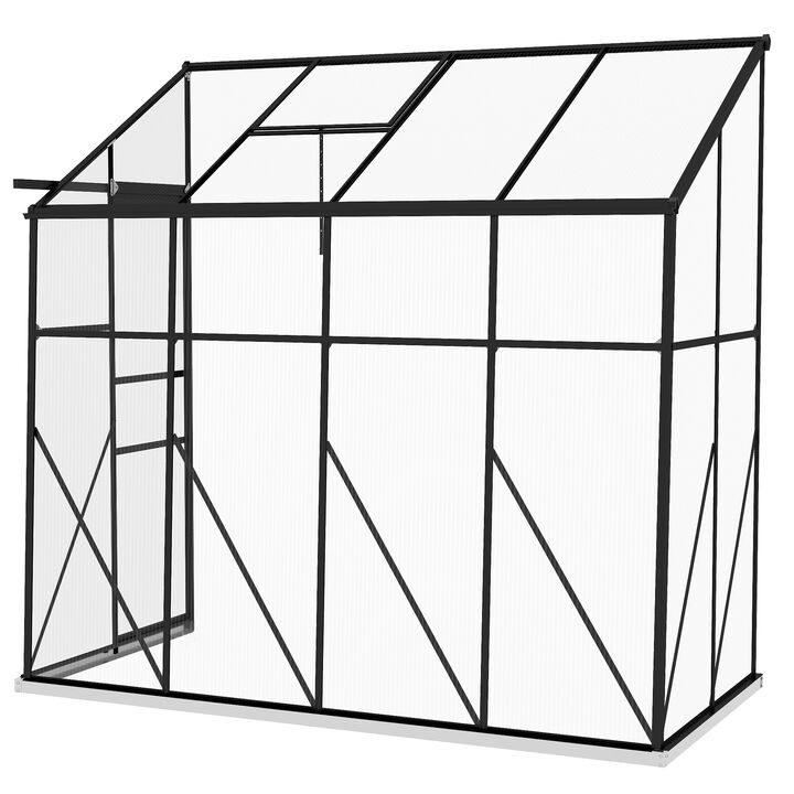 Outsunny 6' x 4' Lean-to Polycarbonate Greenhouse, Walk-in Hobby Green House with Sliding Door, 5-Level Roof Vent, Rain Gutter, Garden Plant Hot House with Aluminum Frame and Foundation, Black