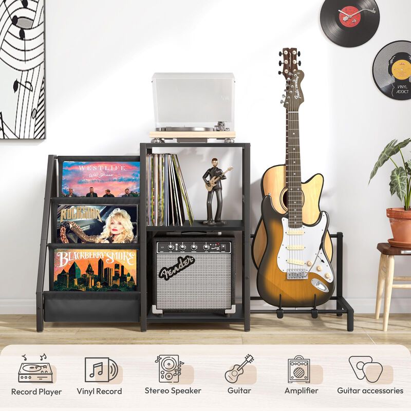Bikoney Mid Century Modern Record Player Stand, Guitar Stand for Acoustic, Electric Guitar, Bass with Amp Stand, 3-Tier Vinyl Re