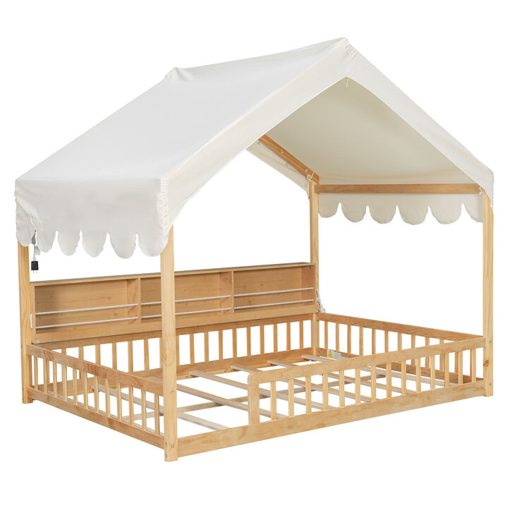 Merax Full Size Wooden Floor Bed,House-Shaped Daybed with Fense,3 Storage Bookshelves,Curtain and LED Light