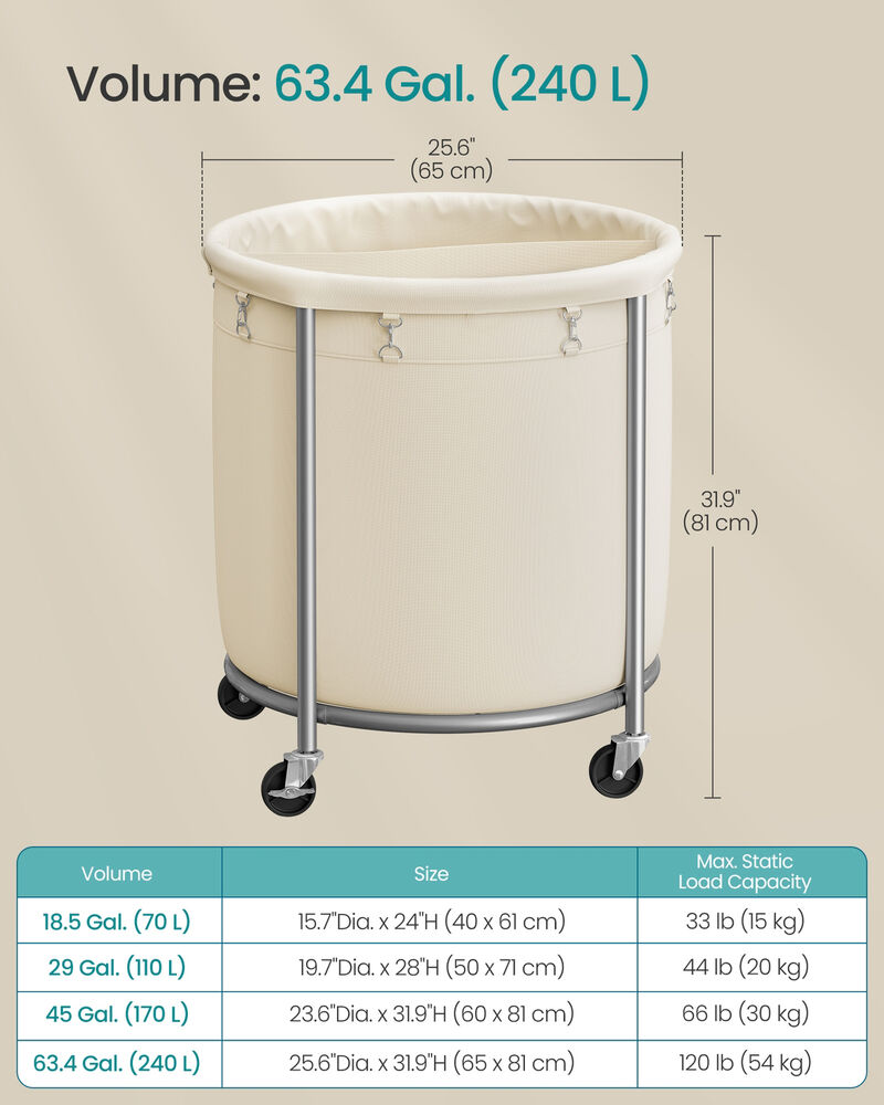 Rolling Laundry Basket 63.5 Gal Cream White and Silver image number 5