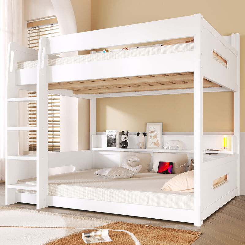 Merax Queen over Queen Wood Bunk Bed with Storage Shelves image number 3