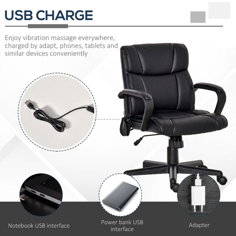 Leather Office Chair, Mid Back Desk Chair with 2 Point Vibration, USB Charge and Gas lift, Sturdy Base, Massage Office Chair, Black image number 5
