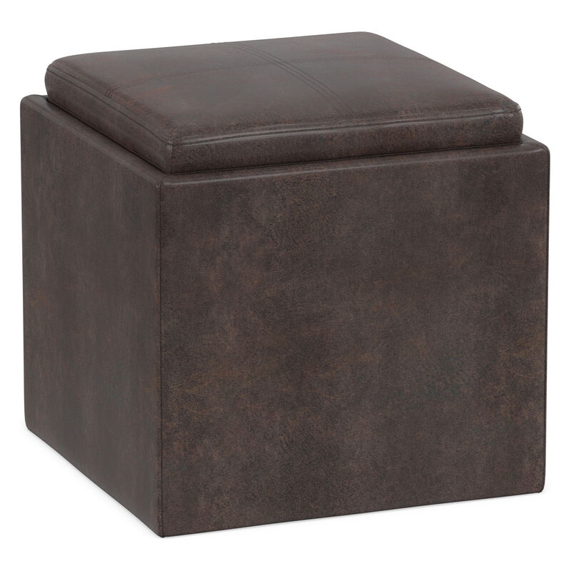 Rockwood 17 inch Wide Contemporary Square Cube Storage Ottoman with Tray in Distressed Brown Vegan Faux Leather, Assembled image number 0