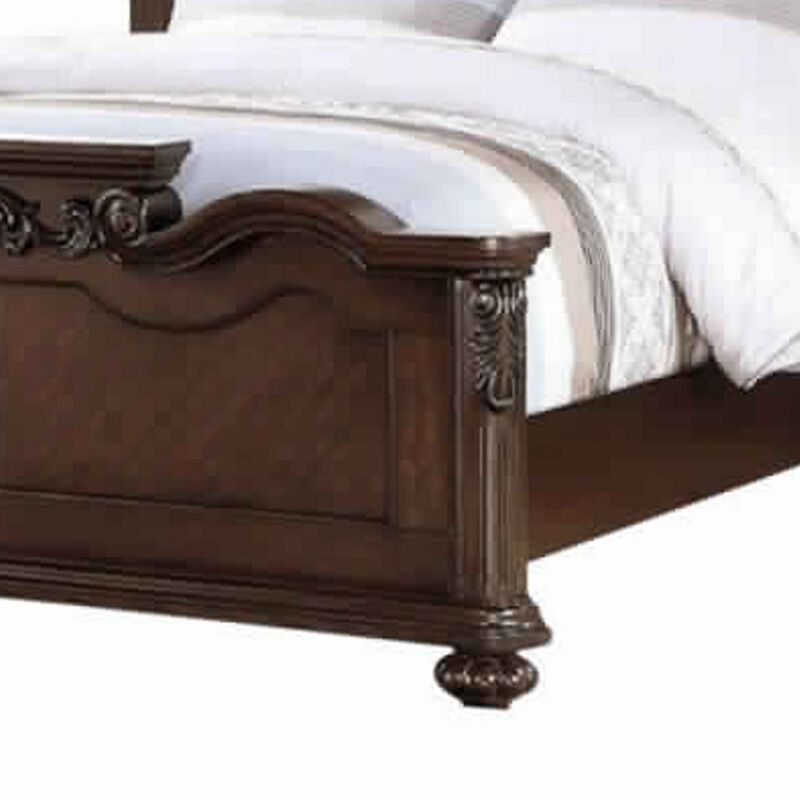 Ornated Carved & Upholstered Black PU Tufted Wooden Queen Bed Dark Walnut - Benzara