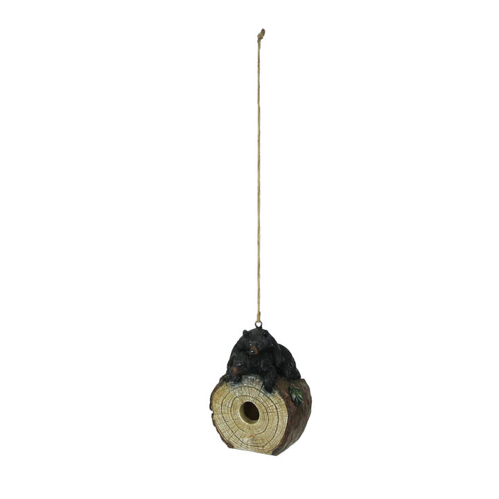 Black Bear Cubs On Log Slice Polyresin Hanging Birdhouse Outdoor Lodge Decor