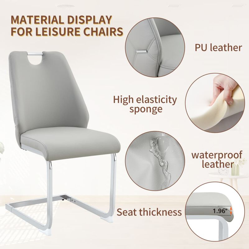 Set of 2 PU Leather Dining Chairs, High Back Upholstered Dining Chair with Ring Pull Handle, Modern Rectangular Back Dining Chair image number 4