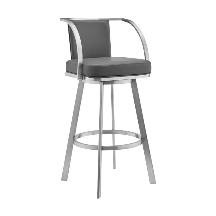 Livingston Gray Faux Leather and Brushed Stainless Steel Swivel Bar Stool