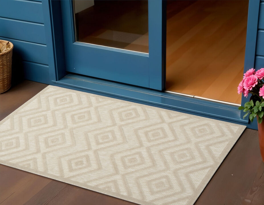 HomeRoots 2' X 4' Cream And Beige Geometric Indoor Outdoor Area Rug