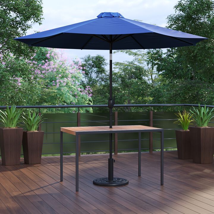 Flash Furniture Lark 3 Piece Outdoor Patio Table Set - Natural Faux Teak Dining Table - 30" x 48" Synthetic Teak Patio Table with Navy Umbrella and Base