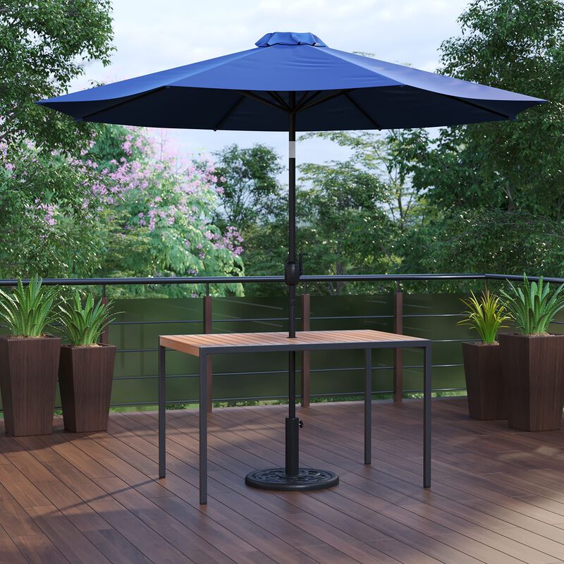Flash Furniture Lark 3 Piece Outdoor Patio Table Set - Natural Faux Teak Dining Table - 30" x 48" Synthetic Teak Patio Table with Navy Umbrella and Base image number 0