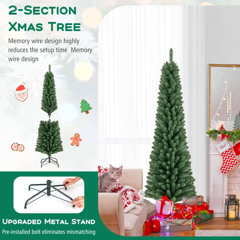 Christmas Pencil Tree with Memory Wire Branches & Sturdy Upgraded Metal Stand for Easy Holiday Decorating