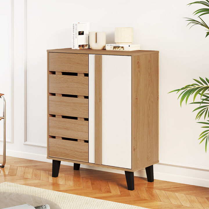 Natural & White 4-Tier Shoe Storage Cabinet with Louvered Door &ndash; Farmhouse Style
