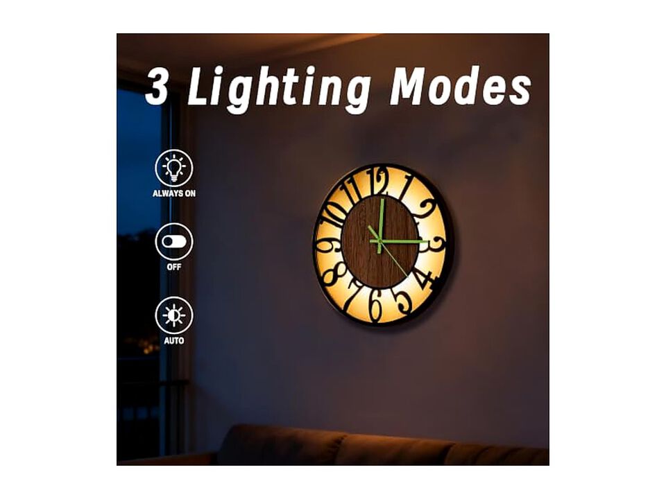 Glow In The Dark Modes Night Light Rustic Wall Clock Silent Metal