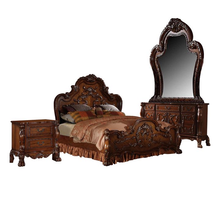 Rosy Four Piece Queen Bedroom Set, Raised Inlay Moldings, Cherry Oak Brown - Benzara