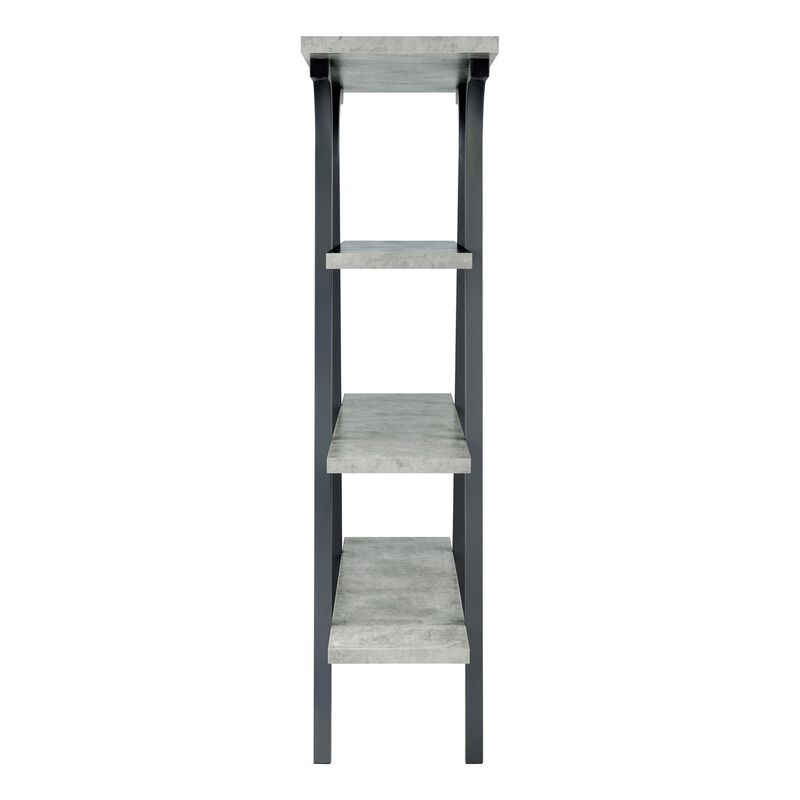 Ota 63 Inch Geometric Bookcase, 4 Cement Gray Wood Shelves, Gray Metal-Benzara image number 3