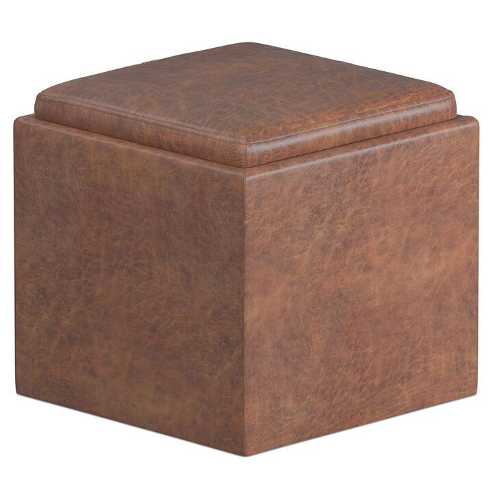 Rockwood 17 inch Wide Contemporary Square Cube Storage Ottoman with Tray in Distressed Saddle Brown Vegan Faux Leather, Assembled