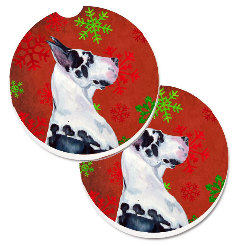 Caroline's Treasures Great Dane Red & green Snowflakes Holiday Christmas Set of 2 Cup Holder Car Coasters LH9326CARC, 2.56, Multicolor image number 0