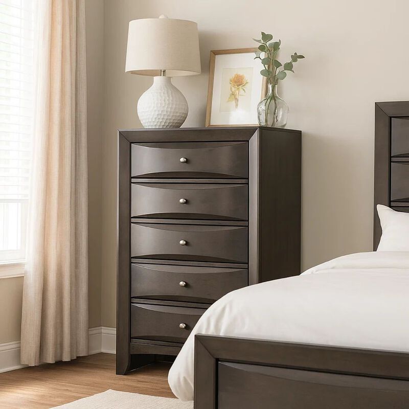 Simo Tall Dresser Chest, 5 Drawers, Chrome Handles, Modern Dark Gray