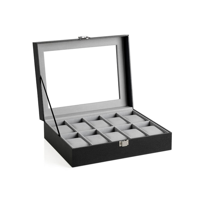 10-Slot Box with Glass Lid Jewelry Holder Case with Removable Pillow