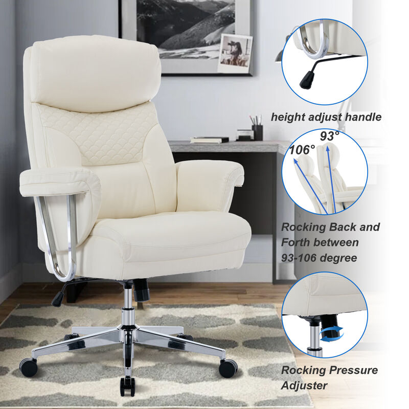 High Back Executive Office Chair 300 lbs-Ergonomic Leather Computer Desk Chair, Thick Bonded Leather Office Chair for Comfort and Lumbar Support, Adjustable Rock Back Tension(white) image number 3