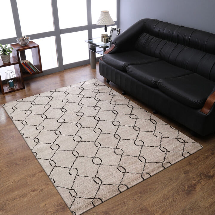 HAND KNOTTED WOOL Geometric AREA RUGS  - Rectangle Shape, Geometric Modern, Medium Pile Handmade Area Rugs for Living Room, Bed Room (N01110)