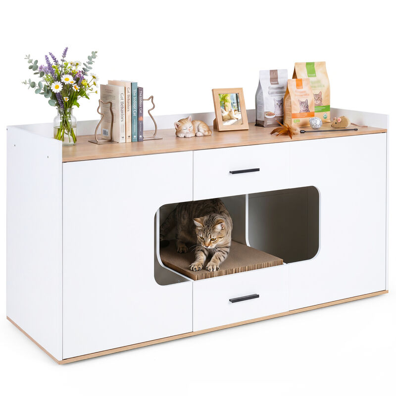 Multi Functional Wooden Cat House Cabinet with Wide Top 2 Drawers and 2 Door Storage for Cats image number 6