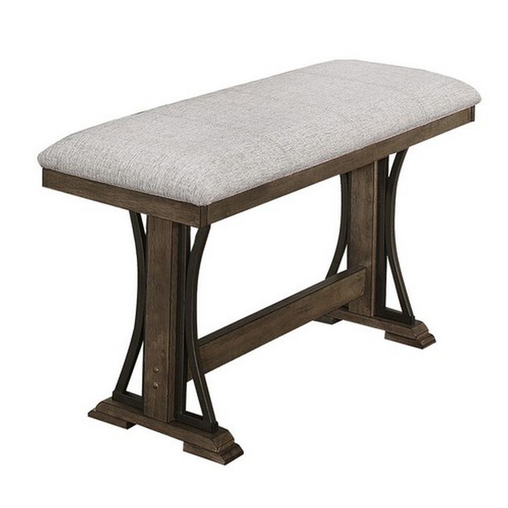 Counter Height Fabric Upholstered Bench with Trestle Base, Brown and Gray-Benzara