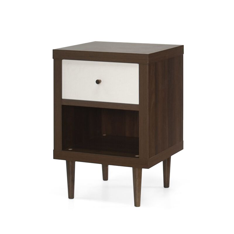 Minie Nightstand with 1 Drawer, Shelf, Modern White and Walnut Brown - Benzara