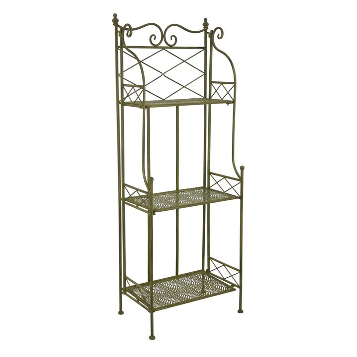 Monty Plant Stand, 3 Tier Shelves Classic Scrolled Green Metal 44 Inch - Benzara