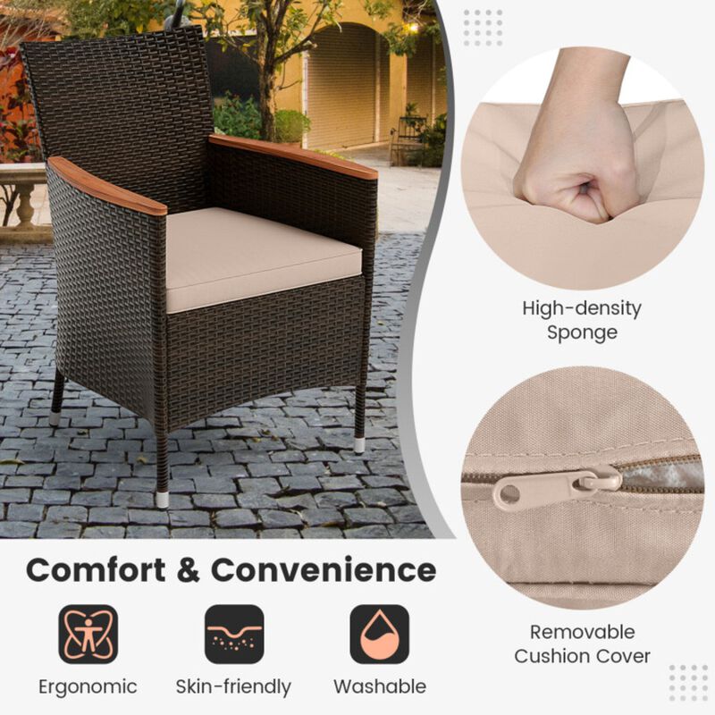 Mondawe 7-Pcs Outdoor Patio Dining Set - Acacia Wood Table & 6 Stackable Rattan Chairs With Cushions