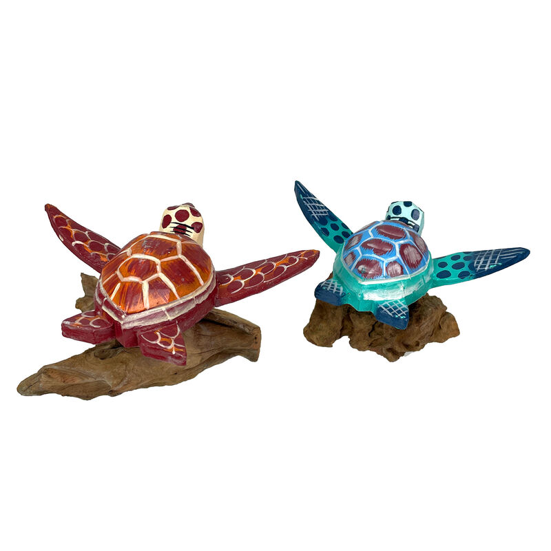 Handcrafted Sea Turtle Sculptures Set of 2, Coastal Wood Art, Ocean Home Decor image number 3