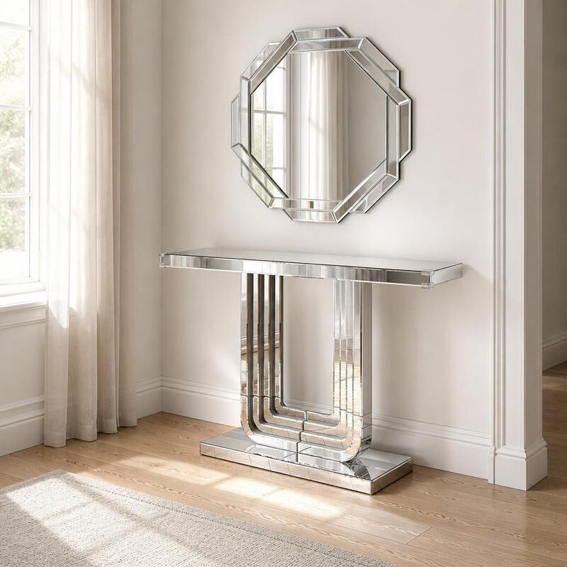 GOODSILO Mirrored Console Table with U Base and Hand-Spliced Line Design, Ideal Accent Furniture for Entryway, Living Room, Hallway and Foyer, 47 Inch image number 2
