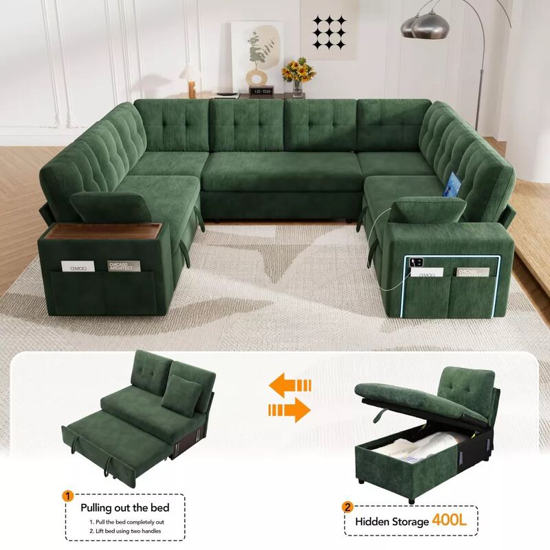 Vipbear 112" U-Shaped 8-Seat Modular Chenille Sectional Sleeper Sofa, Pull Out Bed Reclining Couch image number 5