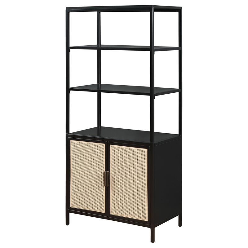 Lanie Tall Accent Cabinet, 3 Shelves 2 Doors, PE Cane, Black Metal - Benzara