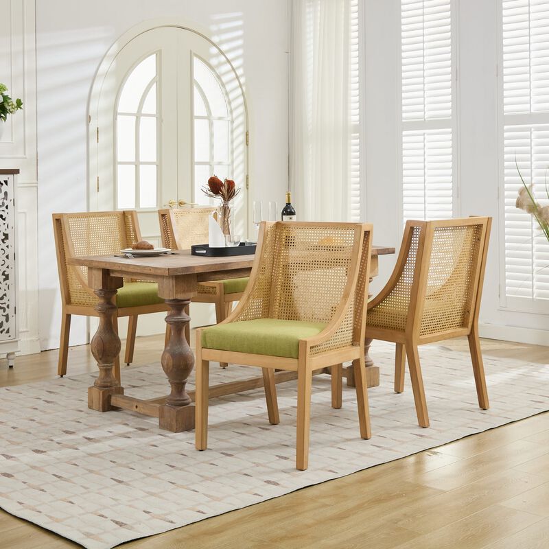 Whisen Rattan Dining Chairs, Solid Rubberwood Frame with Armrest, Linen Upholstered Seat, Set of 2 for Kitchen Living Room image number 4
