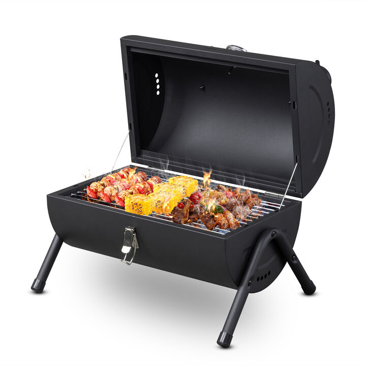 Portable Charcoal Grill with Thermometer & Wooden Handle for Outdoor BBQ Cooking