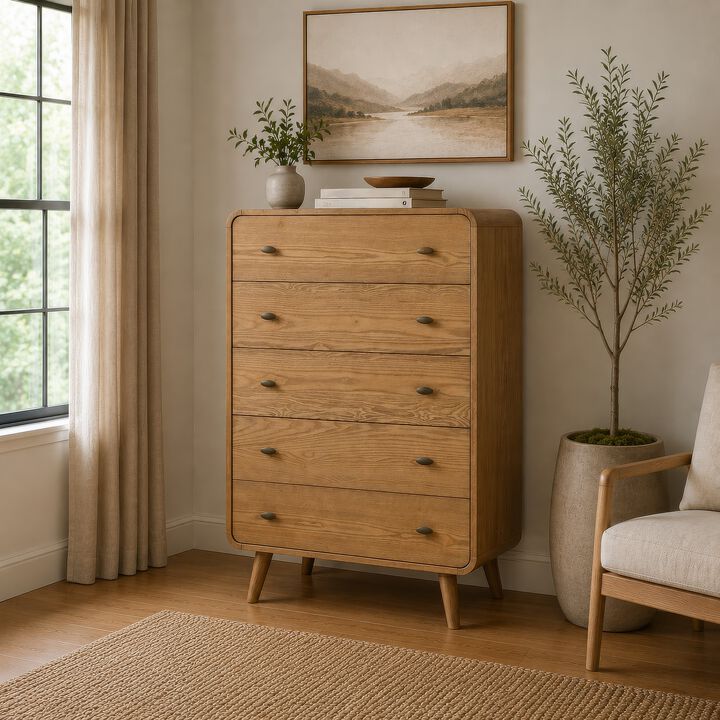 Ryb Tall Dresser Chest with 5 Drawers, Angled Legs, Brown Rubber Wood