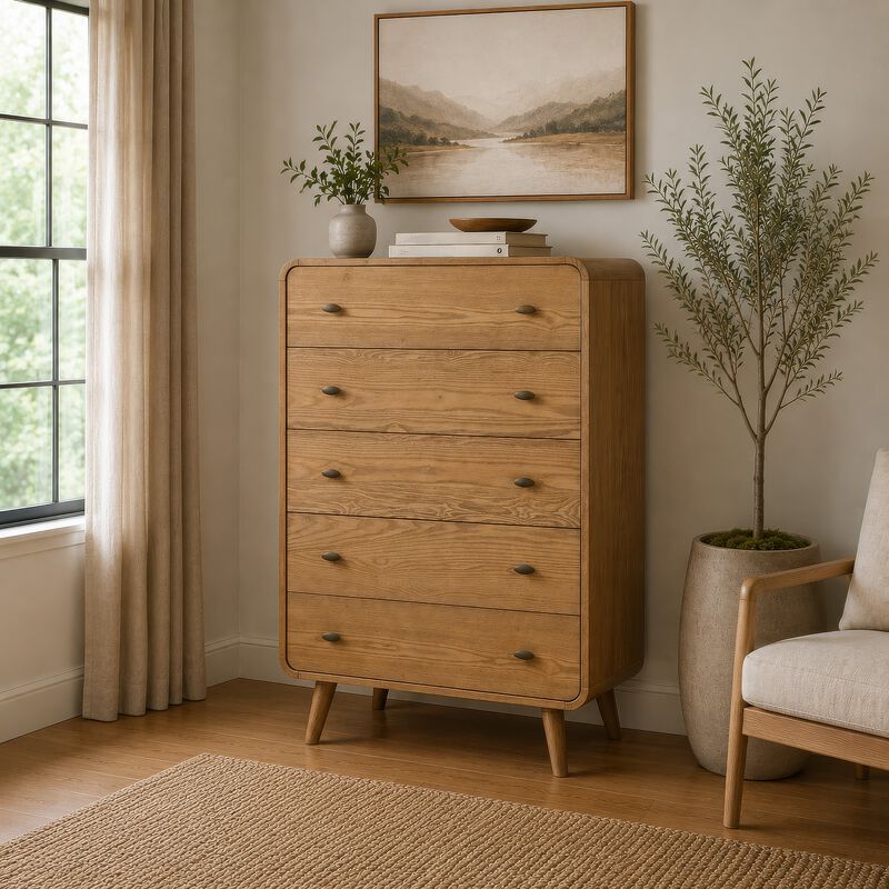 Ryb Tall Dresser Chest with 5 Drawers, Angled Legs, Brown Rubber Wood image number 1