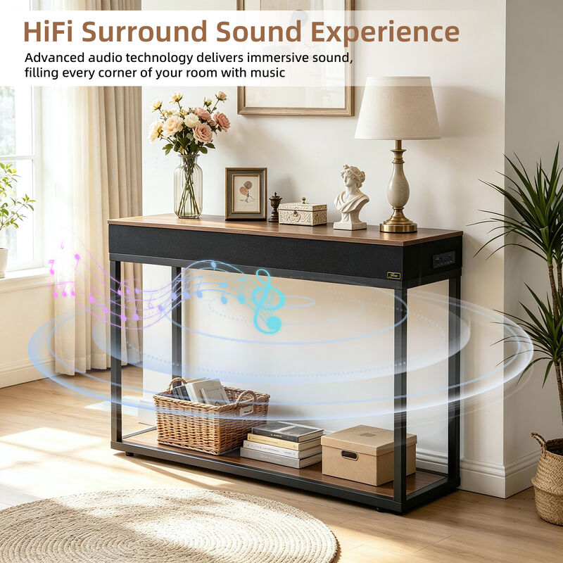 2 Tiers Modern Console Sofa Table with USB and Bluetooth Speaker Entryway Table image number 8