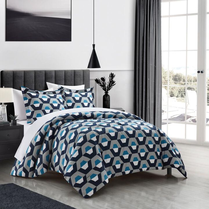 Chic Home Tudor 5 Piece Duvet Cover Set Contemporary Geometric Hexagon Pattern Print Bed In A Bag Bedding with Zipper Closure Blue