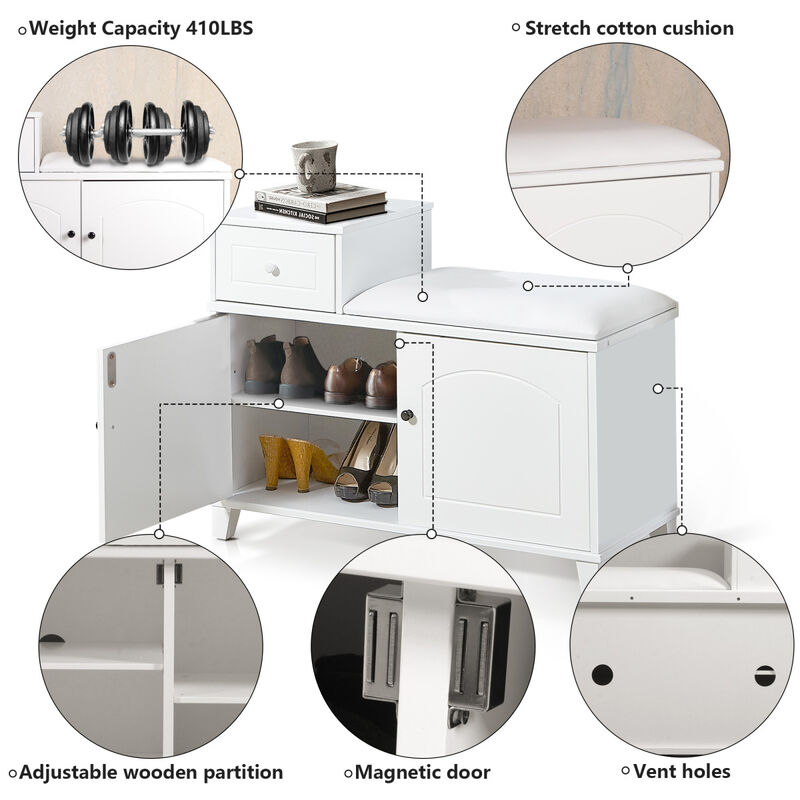 White Shoe Storage Bench Cabinet with Fireproof PU Cushion, Double Doors and Movable Drawer Wood for Door Entrance