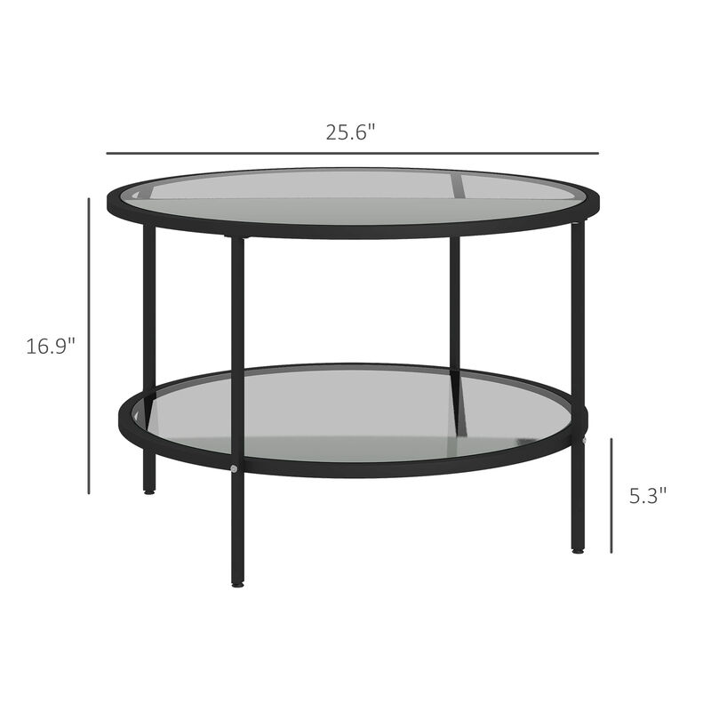 HOMCOM Round Side Table with Storage, 2-Tier End Table Tempered Glass Top