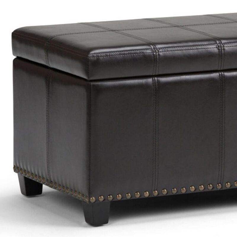 HomeRoots 33" Brown and Espresso Faux Leather and Solid Wood Upholstered Storage Bench With Flip Top image number 3