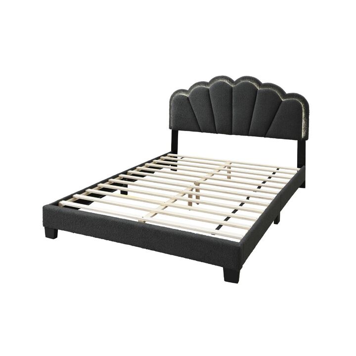 Geny Queen Size Bed, Charcoal Gray Wool Upholstery and LED, Glam Arch - Benzara