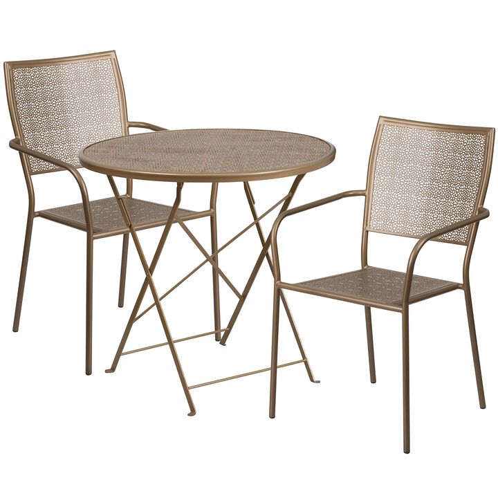 Flash Furniture Commercial Grade 30" Round Gold Indoor-Outdoor Steel Folding Patio Table Set with 2 Square Back Chairs