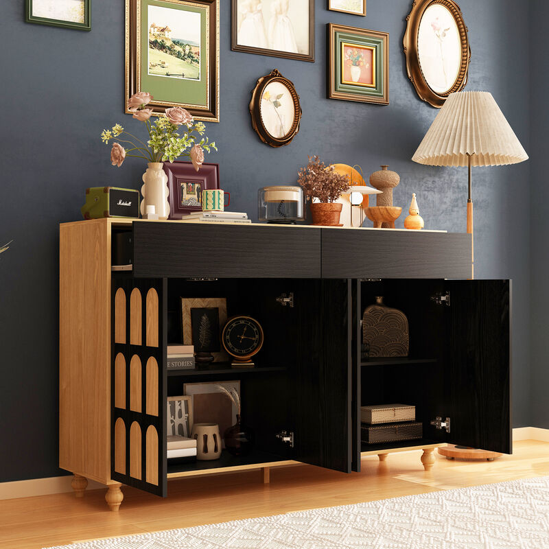 FUFU&GAGA Black and Natural Arch-Design Storage Cabinet with Dual Swing Doors (59" W x 39.3" H x 15.7" D)，Brown