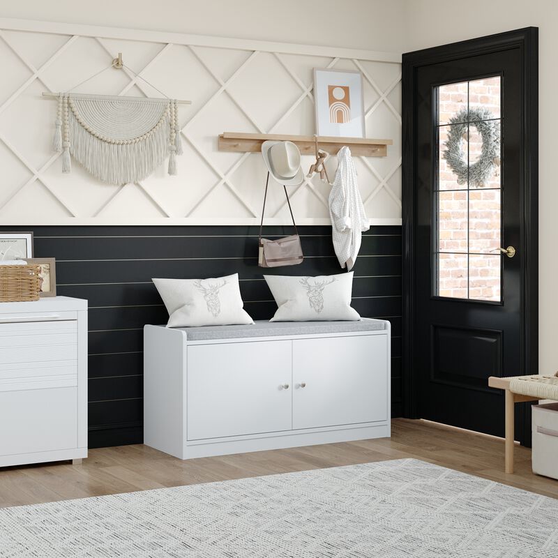 35.8 in. W x 18.1 in. H 8-Pair Shoes White Wood Shoe Storage Bench with 2 Doors and 4-Shelves Storage Compartment