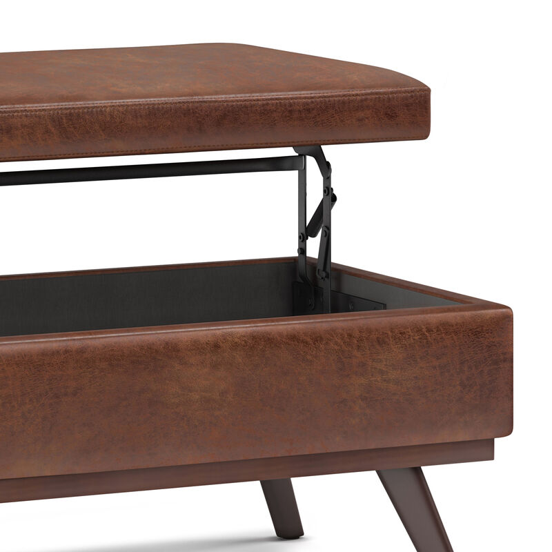 Owen Lift Top Large Coffee Table Storage Ottoman in Distressed Saddle Brown Faux Leather