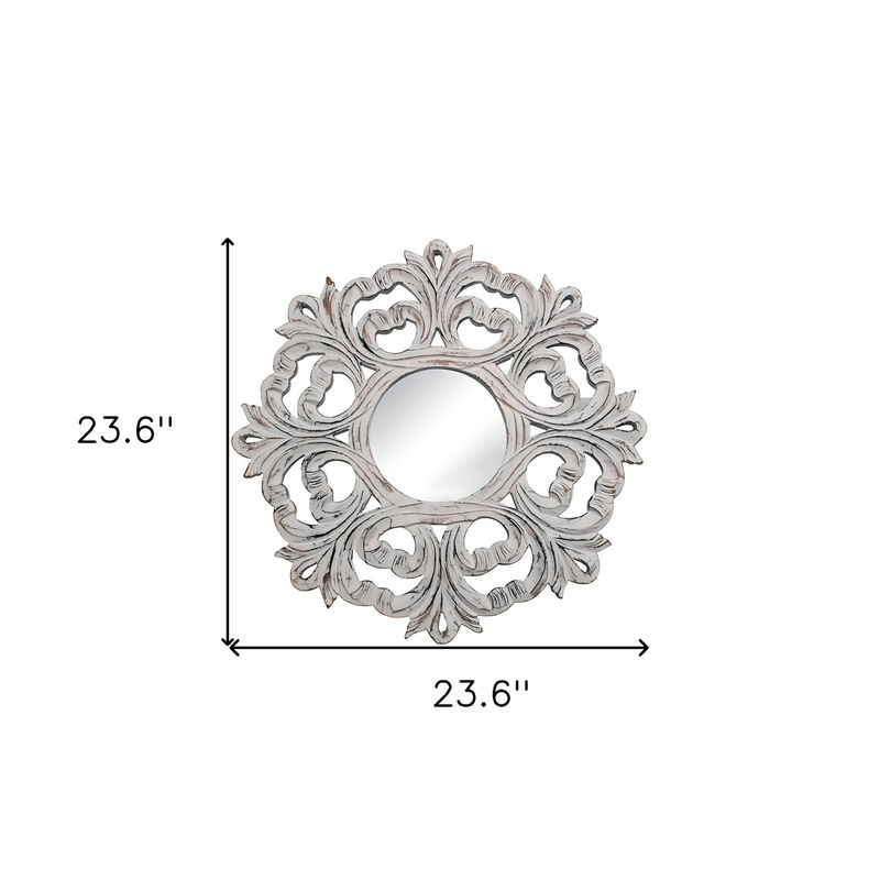 HomeRoots 24" White Floral Scrollwork Distressed Round Framed Accent Mirror image number 4